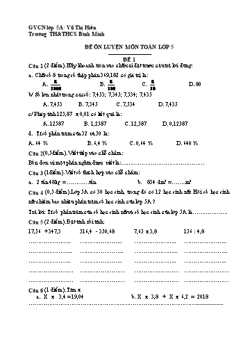 Đề ôn luyện môn Toán, Tiếng Việt Lớp 5 - Trường TH&THCS Bình Minh