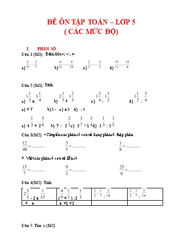 Đề ôn tập môn Toán Lớp 5