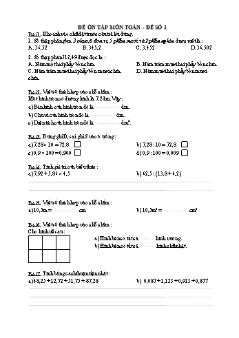 Đề ôn tập môn Toán, Tiếng Việt Lớp 1 - Đề số 1