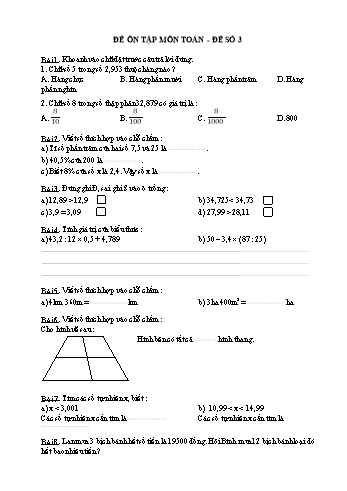 Đề ôn tập môn Toán, Tiếng Việt Lớp 3 - Đề số 3