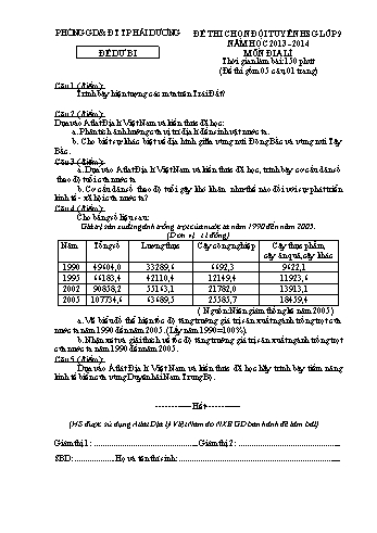 Đề thi chọn đội tuyển học sinh giỏi môn Địa lí Lớp 9 (Đề dự bị) - Năm học 2013-2014 - Phòng GD&ĐT TP Hải Dương (Kèm hướng dẫn chấm)
