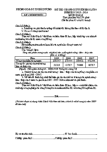 Đề thi chọn đội tuyển học sinh giỏi môn Địa lí Lớp 9 - Năm học 2013-2014 - Phòng GD&ĐT TP Hải Dương (Có đáp án)
