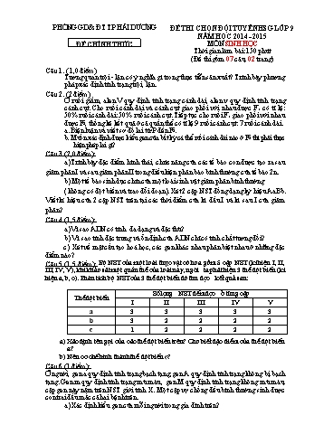 Đề thi chọn đội tuyển học sinh giỏi môn Sinh học Lớp 9 - Năm học 2013-2014 - Phòng GD&ĐT TP Hải Dương (Có đáp án)