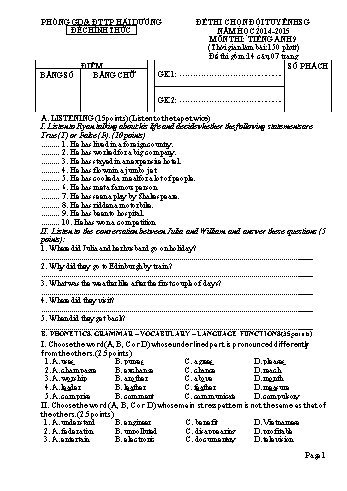 Đề thi chọn đội tuyển học sinh giỏi môn Tiếng Anh Lớp 9 - Năm học 2014-2015 - Phòng GD&ĐT TP Hải Dương