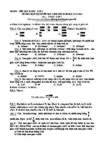 Đề thi chọn đội tuyển học sinh giỏi môn Toán Lớp 5 - Năm học 2012-2013 - Trường Tiểu học Hương Sơn C (Có đáp án)