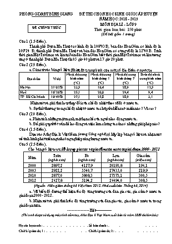 Đề thi chọn học sinh giỏi cấp huyện môn Địa lí Lớp 9 - Năm học 2018-2019 - Phòng GD&ĐT Bình Giang (Có đáp án)