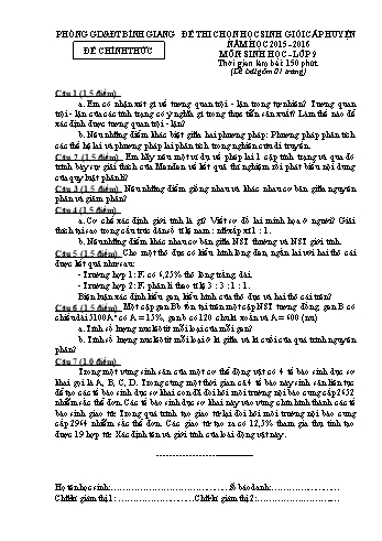 Đề thi chọn học sinh giỏi cấp huyện môn Sinh học Lớp 9 - Năm học 2015-2016 - Phòng GD&ĐT Bình Giang (Có đáp án)