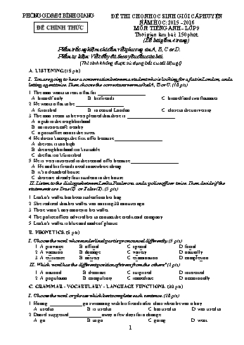 Đề thi chọn học sinh giỏi cấp huyện môn Tiếng Anh Lớp 9 - Năm học 2015-2016 - Phòng GD&ĐT Bình Giang (Có đáp án)