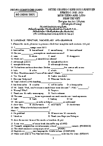 Đề thi chọn học sinh giỏi cấp huyện môn Tiếng Anh Lớp 9 (Phần thi viết) - Năm học 2018-2019 - Phòng GD&ĐT Bình Giang