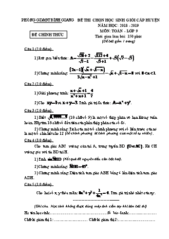 Đề thi chọn học sinh giỏi cấp huyện môn Toán Lớp 9 - Năm học 2018-2019 - Phòng GD&ĐT Bình Giang (Có đáp án)