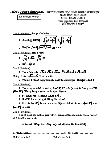 Đề thi chọn học sinh giỏi cấp huyện môn Toán Lớp 9 - Năm học 2015-2016 - Phòng GD&ĐT Bình Giang (Có đáp án)