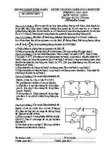 Đề thi chọn học sinh giỏi cấp huyện môn Vật lí Lớp 9 - Năm học 2015-2016 - Phòng GD&ĐT Bình Giang (Có đáp án)