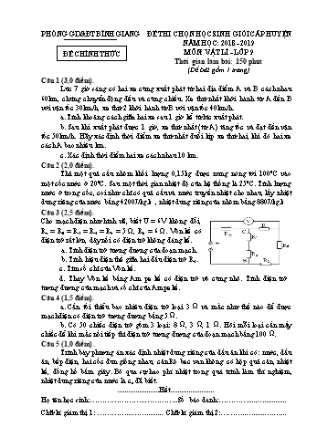Đề thi chọn học sinh giỏi cấp huyện môn Vật lí Lớp 9 - Năm học 2018-2019 - Phòng GD&ĐT Bình Giang (Có đáp án)