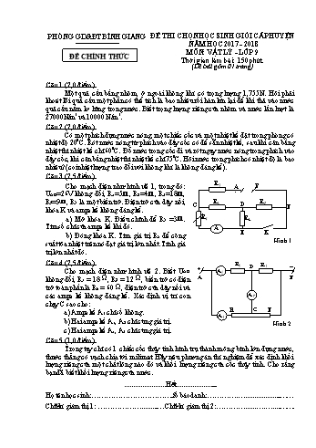 Đề thi chọn học sinh giỏi cấp huyện môn Vật lý Lớp 9 - Năm học 2017-2018 - Phòng GD&ĐT Bình Giang (Có đáp án)