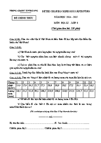 Đề thi chọn học sinh giỏi cấp trường môn Địa lí 8 - Năm học 2014-2015 - Phòng GD&ĐT Bình Giang (Kèm hướng dẫn chấm)