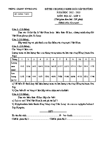 Đề thi chọn học sinh giỏi cấp trường môn Địa lí 8 - Năm học 2012-2013 - Phòng GD&ĐT Bình Giang (Có đáp án)