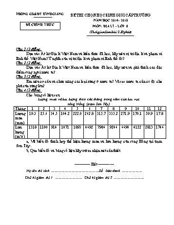 Đề thi chọn học sinh giỏi cấp trường môn Địa lí Lớp 8 - Năm học 2014-2015 - Phòng GD&ĐT Bình Giang (Kèm hướng dẫn chấm)