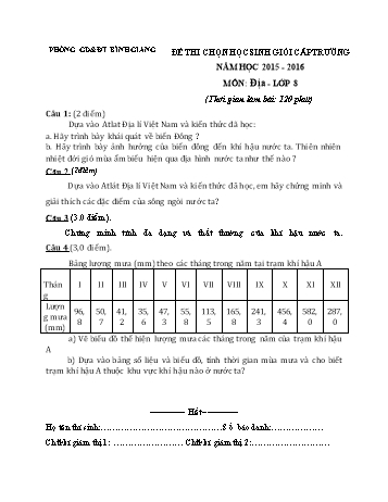 Đề thi chọn học sinh giỏi cấp trường môn Địa lí Lớp 8 - Năm học 2015-2016 - Phòng GD&ĐT Bình Giang (Có đáp án)