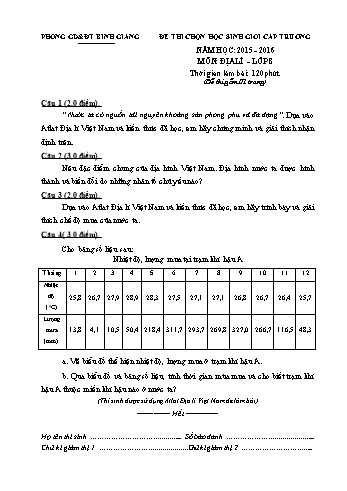 Đề thi chọn học sinh giỏi cấp trường môn Địa lí Lớp 8 - Năm học 2015-2016 - Trường THCS Tân Việt (Kèm hướng dẫn chấm và biểu điểm)