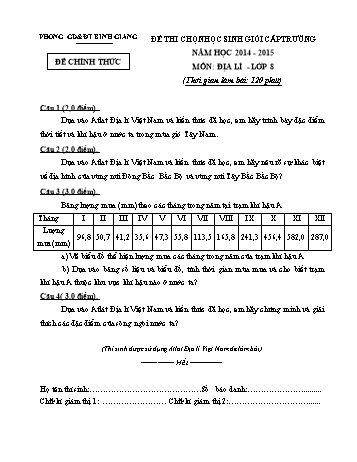 Đề thi chọn học sinh giỏi cấp trường môn Địa lí Lớp 8 - Năm học 2014-2015 - Phòng GD&ĐT Bình Giang (Kèm hướng dẫn chấm và biểu điểm)