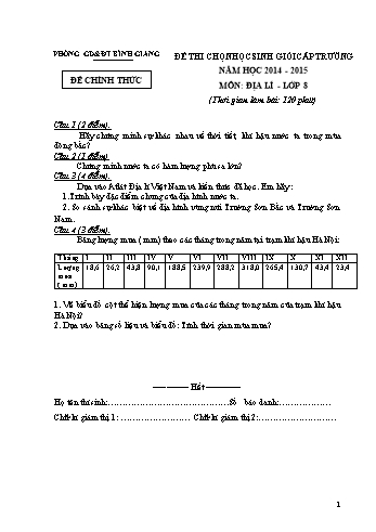 Đề thi chọn học sinh giỏi cấp trường môn Địa lí Lớp 8 - Năm học 2014-2015 - Phòng GD&ĐT Bình Giang (Có đáp án)