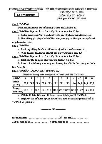 Đề thi chọn học sinh giỏi cấp trường môn Địa lý Lớp 8 - Năm học 2017-2018 - Phòng GD&ĐT Bình Giang