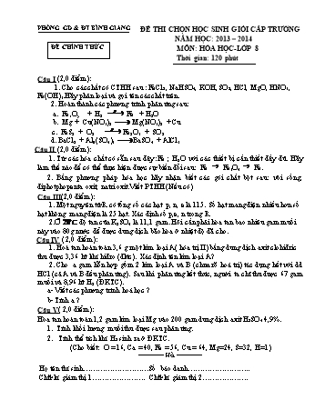 Đề thi chọn học sinh giỏi cấp trường môn Hóa học 8 - Năm học 2013-2014 - Phòng GD&ĐT Bình Giang (Có đáp án)