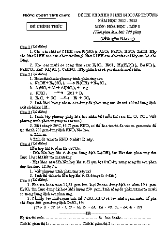 Đề thi chọn học sinh giỏi cấp trường môn Hóa học Lớp 8 - Năm học 2012-2013 - Phòng GD&ĐT Bình Giang (Có đáp án)
