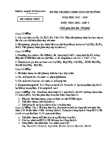 Đề thi chọn học sinh giỏi cấp trường môn Hoá học Lớp 8 - Năm học 2015-2016 - Phòng GD&ĐT Bình Giang (Có đáp án)