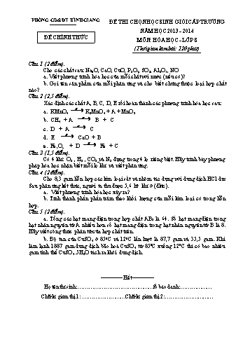 Đề thi chọn học sinh giỏi cấp trường môn Hóa học Lớp 8 - Năm học 2013-2014 (Có đáp án)