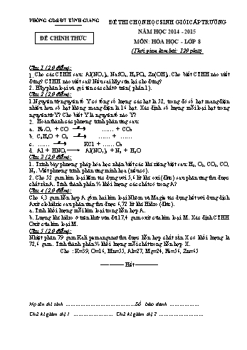 Đề thi chọn học sinh giỏi cấp trường môn Hóa học Lớp 8 - Năm học 2014-2015 - Phòng GD&ĐT Bình Giang (Có đáp án)