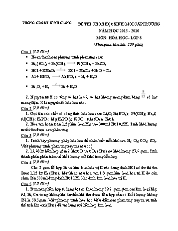 Đề thi chọn học sinh giỏi cấp trường môn Hóa học Lớp 8 - Năm học 2015-2016 (Có đáp án)