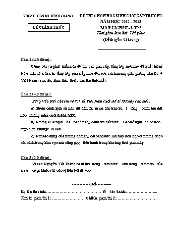 Đề thi chọn học sinh giỏi cấp trường môn Lịch sử Lớp 8 - Năm học 2012-2013 - Phòng GD&ĐT Bình Giang (Có đáp án)