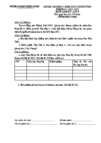 Đề thi chọn học sinh giỏi cấp trường môn Lịch sử Lớp 8 - Năm học 2015-2016 - Trường THCS Tân Việt (Kèm hướng dẫn chấm và biểu điểm)