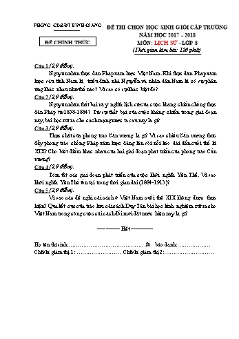 Đề thi chọn học sinh giỏi cấp trường môn Lịch sử Lớp 8 - Năm học 2017-2018 - Phòng GD&ĐT Bình Giang