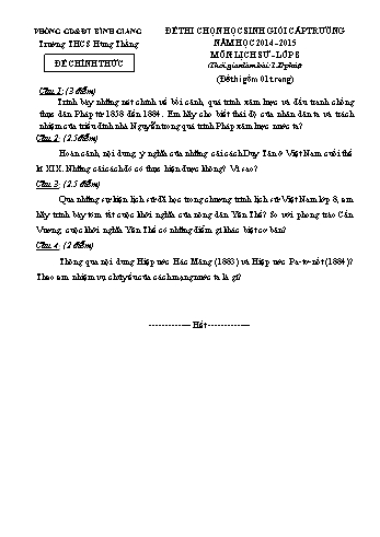 Đề thi chọn học sinh giỏi cấp trường môn Lịch sử Lớp 8 - Năm học 2014-2015 - Trường THCS Hùng Thắng (Có đáp án)