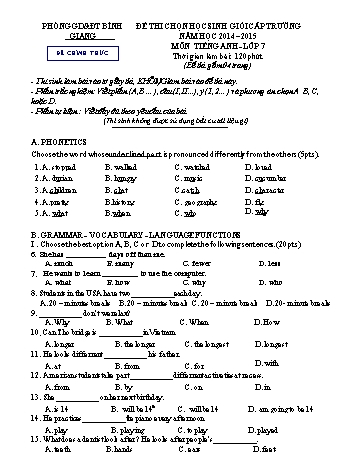 Đề thi chọn học sinh giỏi cấp trường môn Ngữ văn 7 - Năm học 2014-2015 - Phòng GD&ĐT Bình Giang (Có đáp án)