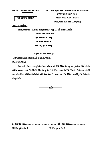 Đề thi chọn học sinh giỏi cấp trường môn Ngữ văn Lớp 6 - Năm học 2017-2018 - Phòng GD&ĐT Bình Giang
