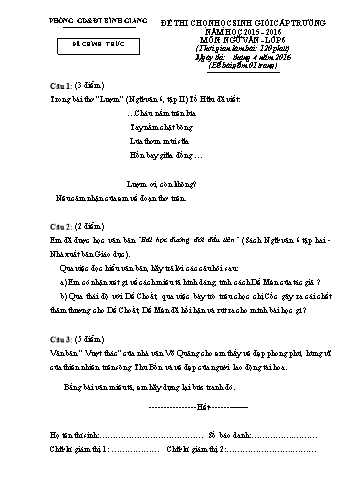 Đề thi chọn học sinh giỏi cấp trường môn Ngữ văn Lớp 6 - Năm học 2015-2016 - Phòng GD&ĐT Bình Giang (Có đáp án)