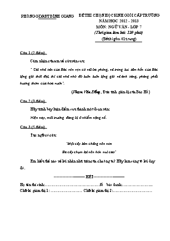 Đề thi chọn học sinh giỏi cấp trường môn Ngữ văn Lớp 7 - Năm học 2012-2013 - Phòng GD&ĐT Bình Giang (Có đáp án)