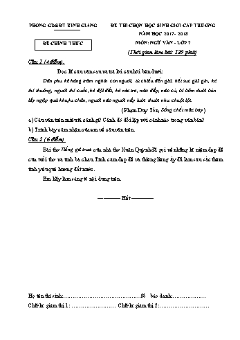 Đề thi chọn học sinh giỏi cấp trường môn Ngữ văn Lớp 7 - Năm học 2017-2018 - Phòng GD&ĐT Bình Giang