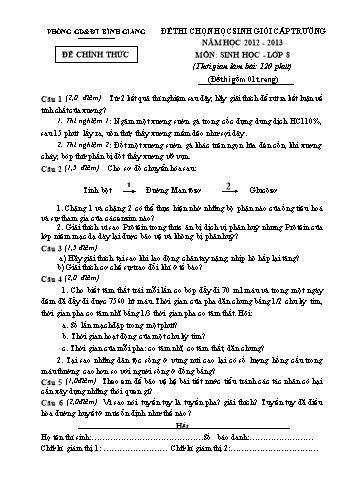 Đề thi chọn học sinh giỏi cấp trường môn Sinh học Lớp 8 - Năm học 2012-2013 - Phòng GD&ĐT Bình Giang (Có đáp án)