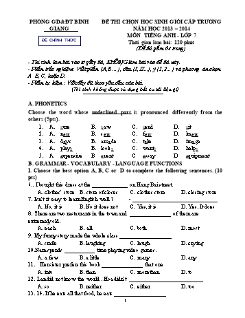 Đề thi chọn học sinh giỏi cấp trường môn Tiếng Anh 7 - Năm học 2013-2014 - Phòng GD&ĐT Bình Giang (Có đáp án)