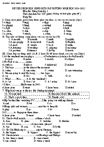 Đề thi chọn học sinh giỏi cấp trường môn Tiếng Anh Lớp 6 - Năm học 2014-2015 - Trường THCS Hồng Khê