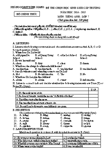 Đề thi chọn học sinh giỏi cấp trường môn Tiếng Anh Lớp 7 - Năm học 2014-2015 - Trường THCS Hùng Thắng (Có đáp án + file nghe)