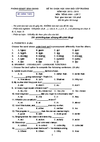 Đề thi chọn học sinh giỏi cấp trường môn Tiếng Anh Lớp 7 - Năm học 2012-2013 - Phòng GD&ĐT Bình Giang (Có đáp án)