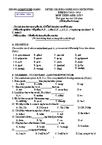 Đề thi chọn học sinh giỏi cấp trường môn Tiếng Anh Lớp 7 - Năm học 2013-2014 - Phòng GD&ĐT Bình Giang