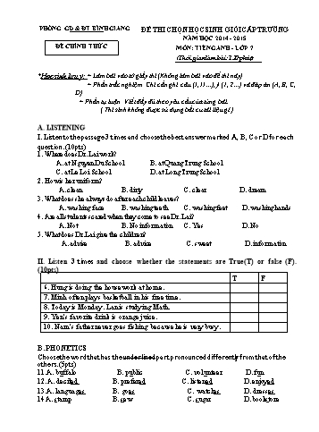 Đề thi chọn học sinh giỏi cấp trường môn Tiếng Anh Lớp 7 - Năm học 2014-2015 - Phòng GD&ĐT Bình Giang (Có đáp án và biểu điểm)