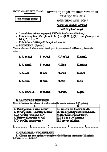 Đề thi chọn học sinh giỏi cấp trường môn Tiếng Anh Lớp 7 - Năm học 2013-2014