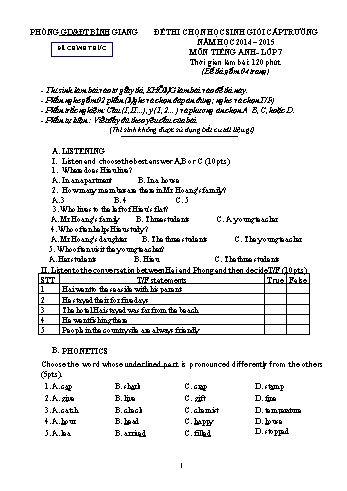 Đề thi chọn học sinh giỏi cấp trường môn Tiếng Anh Lớp 7 - Năm học 2014-2015 (Kèm hướng dẫn chấm)